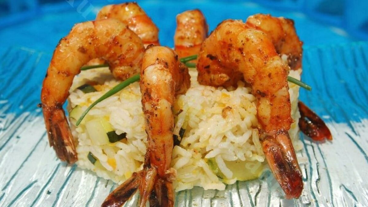 gambas a la sauce sakari et riz aux petits legumes